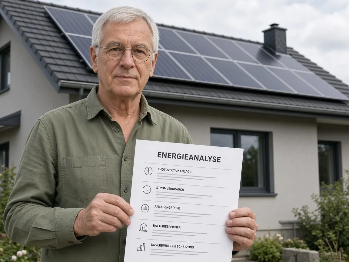 Hausbesitzer mit Energieanalyse für eine Photovoltaikanlage