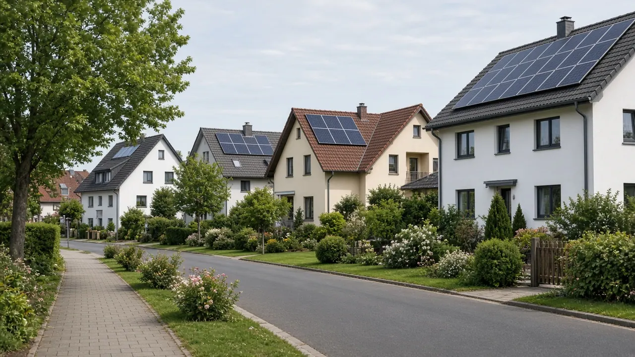 Wohngebiet in Deutschland mit Photovoltaikanlagen auf den Dächern