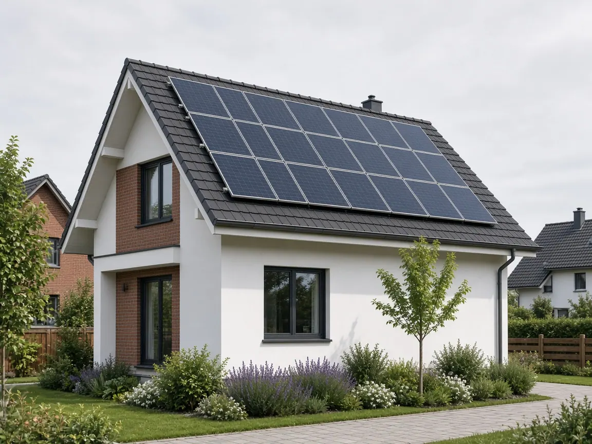 Photovoltaikmodule auf dem Dach eines Einfamilienhauses