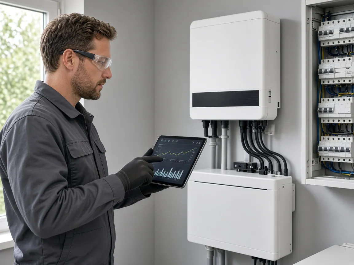 Techniker prüft Wechselrichter und Stromspeicher einer PV-Anlage